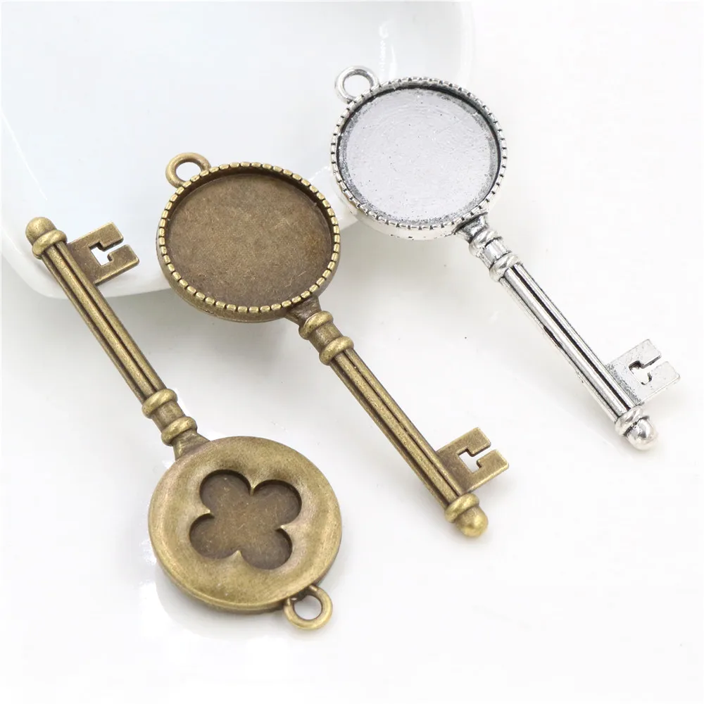 5pcs 20mm Inner Size Antique Silver Plated And Bronze Cross key Style Cabochon Base Setting Charms Pendant