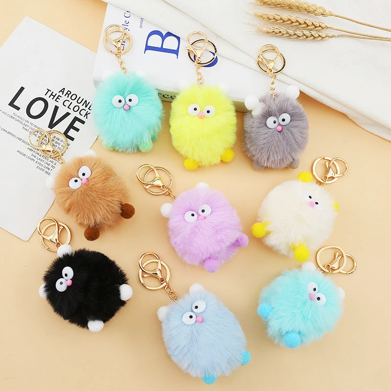 Candy Color Big Eyes Decorated Animal Cute Mini Elf Monster Plush Keychain Pom Pom Keyring For Women Kids Car Key Backpack Decor