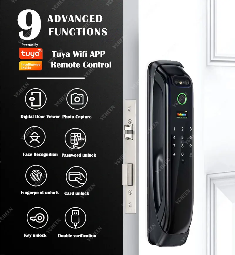 Tuya WiFi Video Intercom 3D Face Recognition Smart Lock, Biometric Camera Auto Keyless Lock for 5050 5072 5572 4585 6085 Mortise