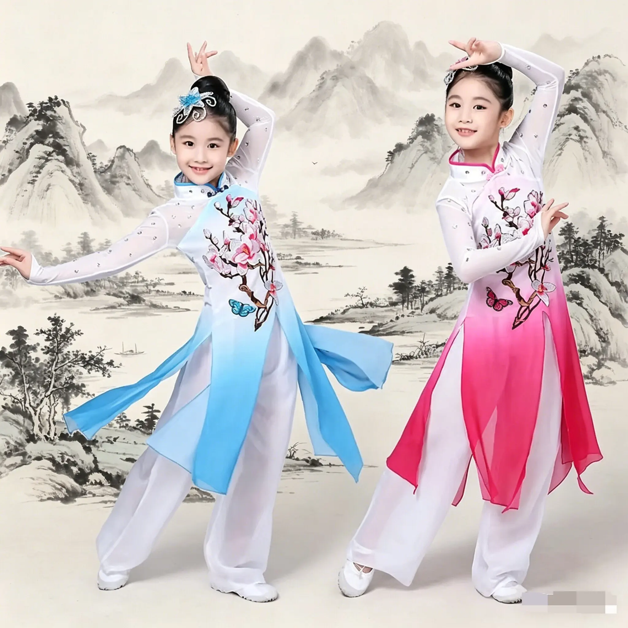 

New Kids Chinese Classical Dance Costume, Gradient Floral Embroidery Outfit for Girls, Stage Performance & Folk Dance Dress