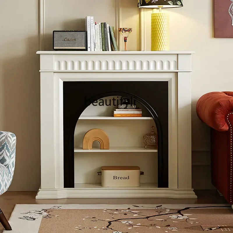 X French cream style all solid wood fireplace decorative cabinet American retro living room fireplace side cabinet entry firepla