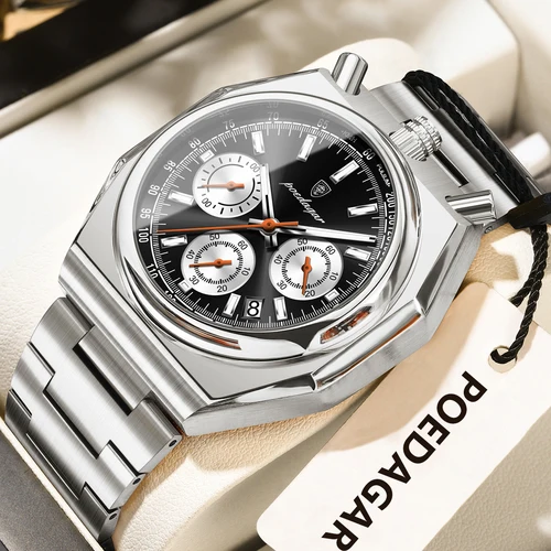 Imagen 2 del producto Reloj POEDAGAR deportivo a la moda para hombre, cronógrafo de acero inoxidable con fecha, reloj luminoso resistente al agua, relojes militares de cuarzo para hombre