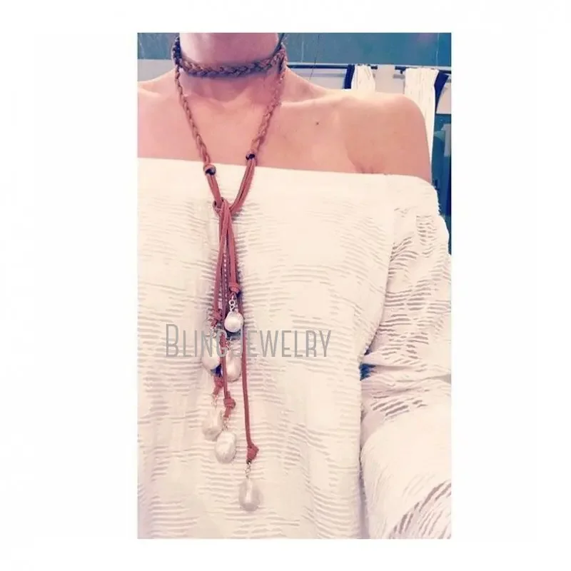 

Braided Suede Leather Tassel Lariat Y Necklace Freshwater Baroque Pearl Wrap Jewelry Women Emo Y2k Grunge Choker Collares