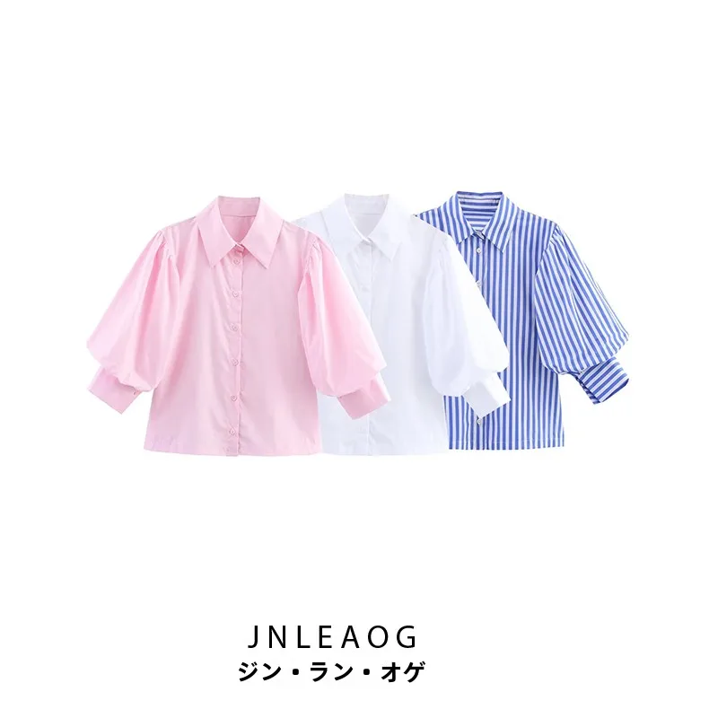 JNLEAOG Autunno delle Nuove Donne Faion Design di Seta irt Loose Fit Lungo Sve Traspirante Sottile Fibra di Poliestere Flip Collare irt