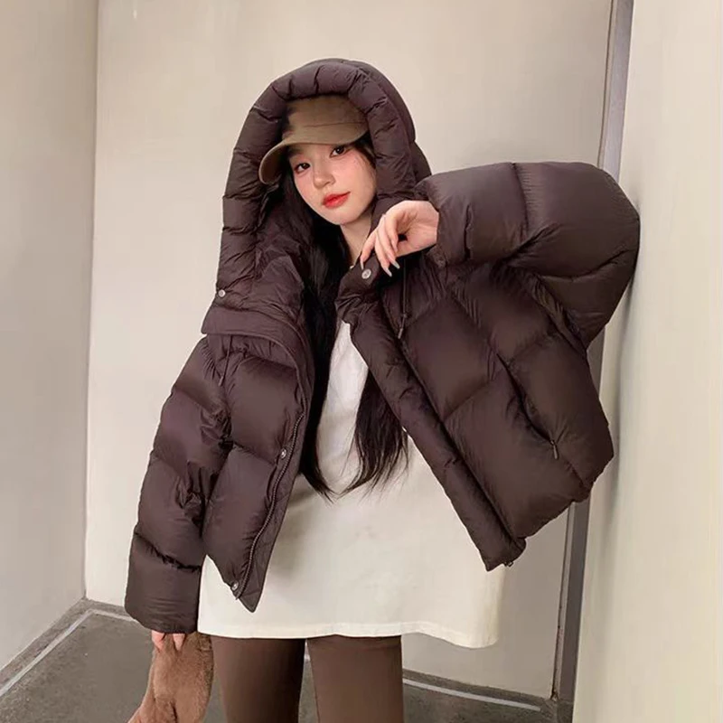 Jednokolorowa krótka bawełniana kurtka dla kobiet 2024 Winter New Thicken Warm Hooded Padded Clothes Vintage Casual Zipper Quilted Coat