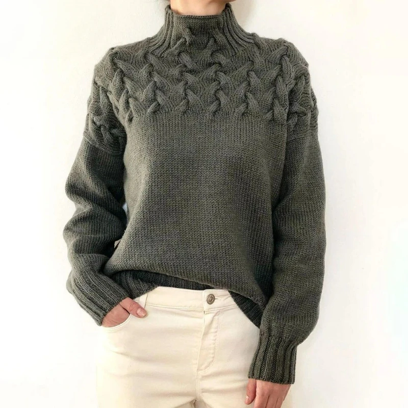 

Casual Cable Stitch Turtleneck Women Commuter Oversized Knitted Sweater Female Autumn Winter Warm Thin Pleated Pullovers Jumpers