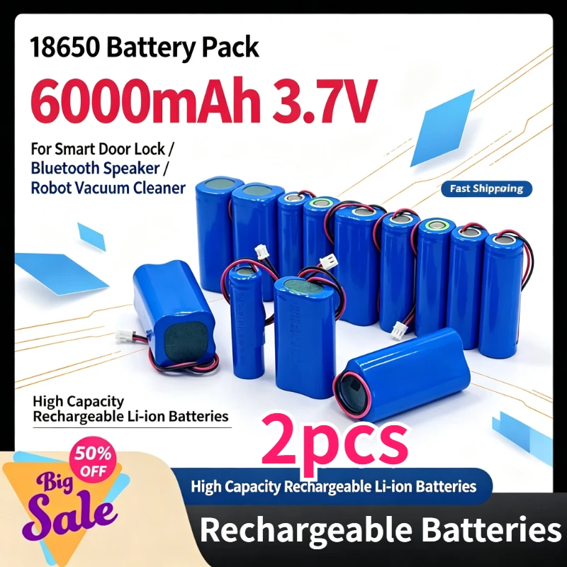 Upgrade 18650 Lithium Battery 3.7V 6000mAh Rechargeable Baterias for Smart Door Lock, Bluetooth Speaker, Robot Vacuum Cleaner