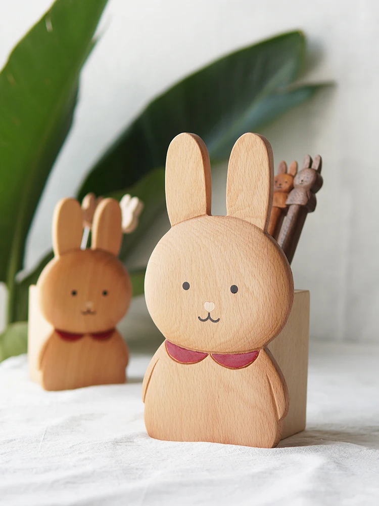 Cute Little Rabbit Wooden Office Supplies Storage Box, Animal Pen Holder,Creative Gift