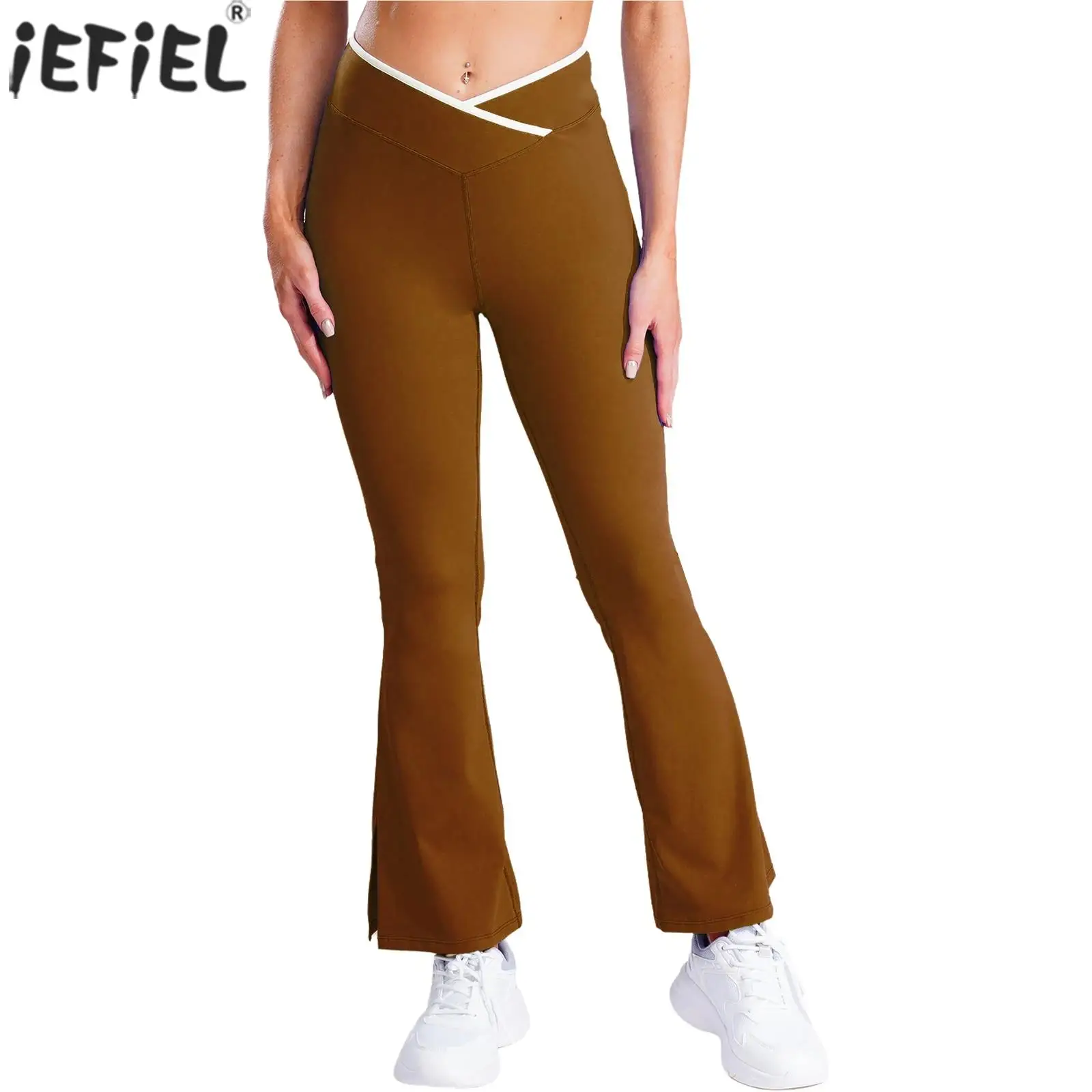 

Women Stretchy Yoga Workout Flared Pants V-Front Elastic Waistband Sides Split Bell-Bottom Leggings for Workout Fitness Sports