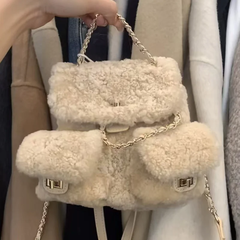 

Brand Fashion Women’s Backpack French Winter Style Casual Chain Small Handbag Versatile Cute Warm Shoulder Bag Crossbody Bag