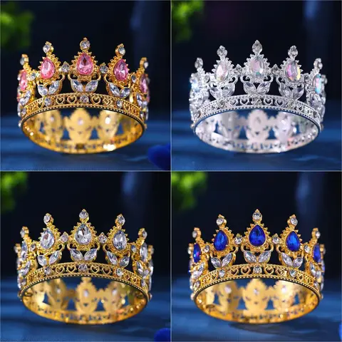 Baroque Round Crown Headdress Alloy Rhinestone Crown, Suitable for Wedding Decoration Headdress, Party Headdress, Birthday Cake Headdress, Performance, Bouquet Decoration