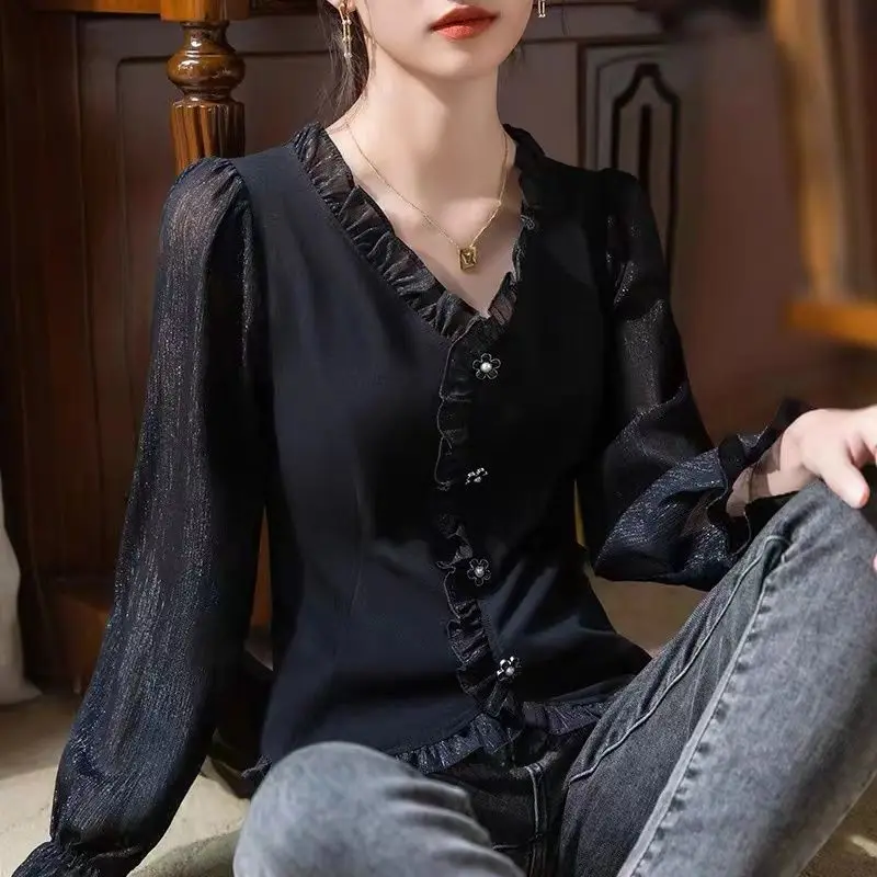 New Spring and Autumn Fashion Solid Lace V-neck Ruffle Edge Panel Long Sleeve Temperament Commuter Women\'s Slim Fit Top