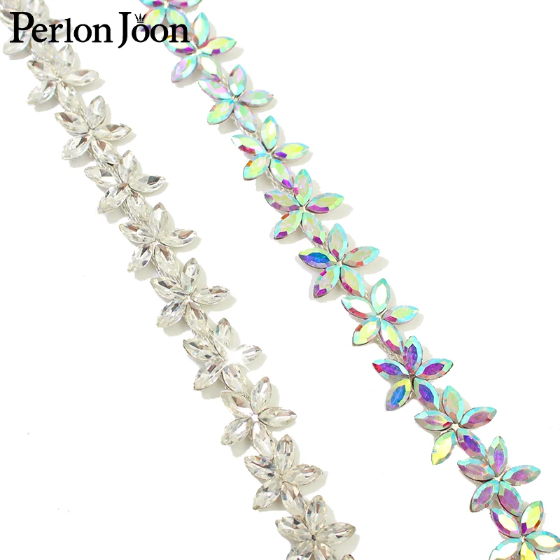 Flower Shape Arrangement Silver Glass Rhinestone Trim AB Crystal Chain  Wedding Dress Shoes Decoration Accessories ML162