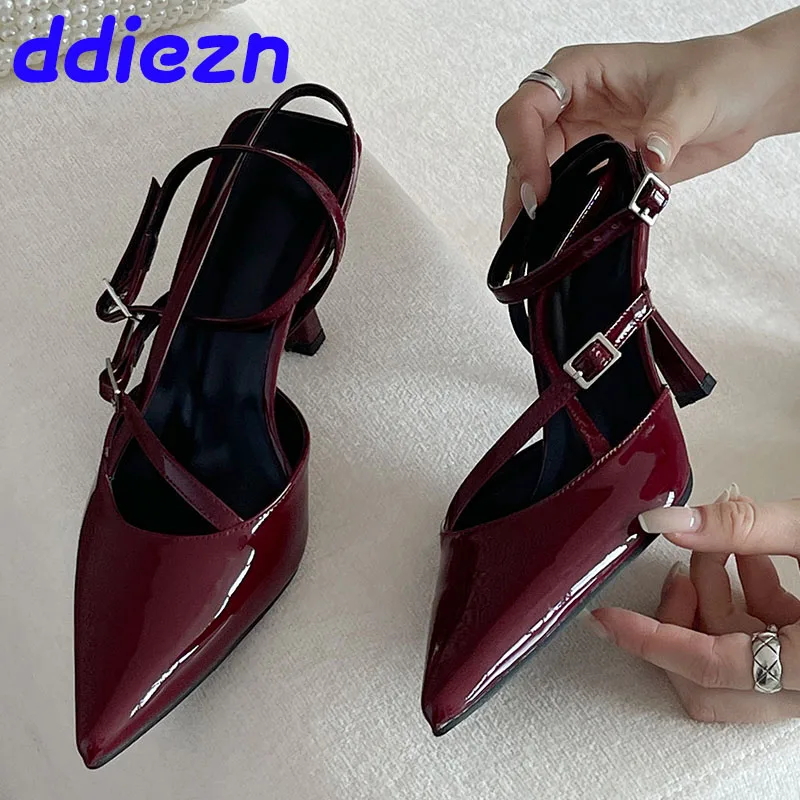 New Footwear Female Pointed Toe Party Ladies Heeled Shoes Sandals Fashion Ankle Strap Pumps Women High Heels Shoes Wine Red