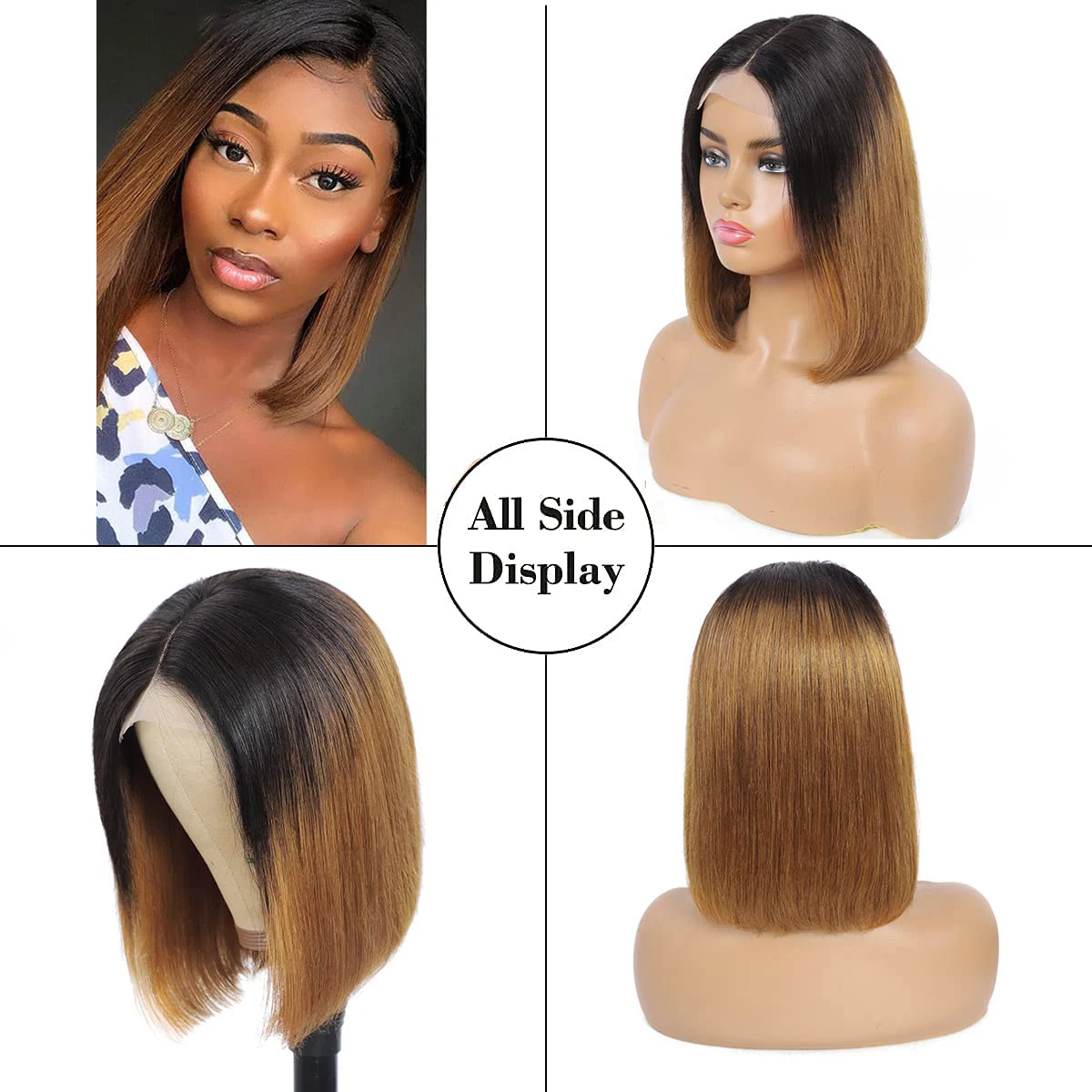 Short Ombre Honey Blonde Bob Wig With Baby Hair Honey Brown Straight Human Hair Wigs 13*4 Lace Part Brown Wigs For Black Women