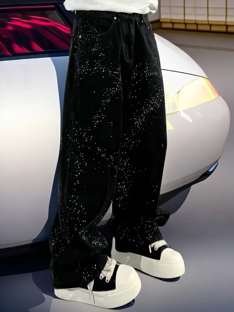 

Мужские джинсы прямого кроя с широкими штанинами в горошек, осенняя коллекция 2025, американский дизайн, свободные, роскошные, длинные брюки, повседневные, модные, городские, стильные