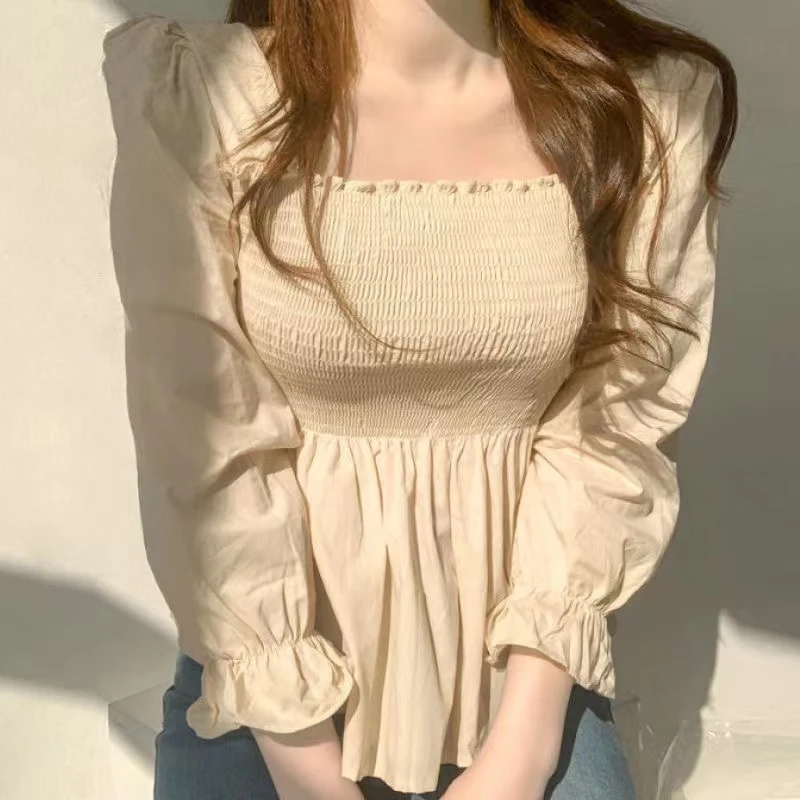 Elegant Long Sleeve Pleated White Women Blouse Office Lady Fashion Sweet Square Neck Shirt New Casual Elastic Slim Tops 8023