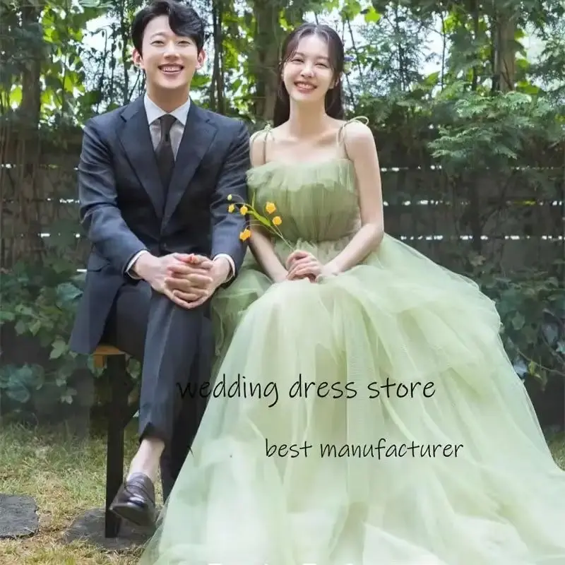 

Giyu Fairy Green Корейское свадебное платье для фотосессии трапециевидной формы длиной до пола на тонких бретельках драпированное вечернее платье 웨딩드레스