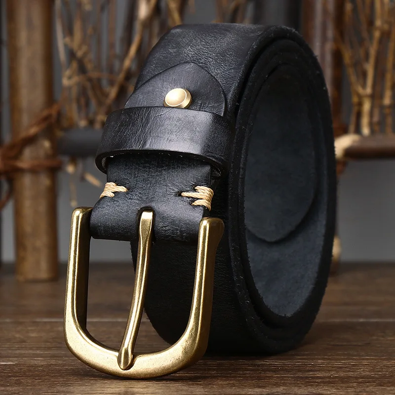 Vintage Cowhide Belt with 3.8CM Wide Copper Buckle for Men