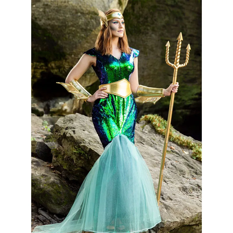 Adult Couple Sea King Costume Women Mermaid Queen Dress Men Sea God King Costume with Headdress Belt Cuff