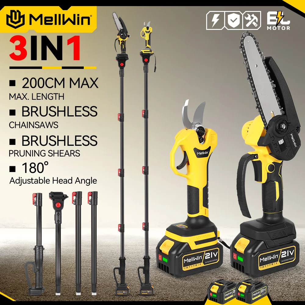 MELLWIN Bürstenlose 4-in-1 2M Teleskopstange Elektrische Kettensäge Hochastsäge Gartenpflegewerkzeug für Makita 18V Akku