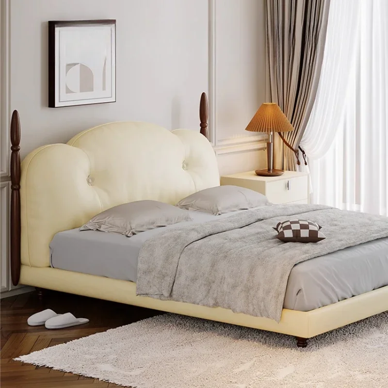 

New leather master bedroom bed, Italian light luxury modern simple cream style 1.8m double storage leather art bed