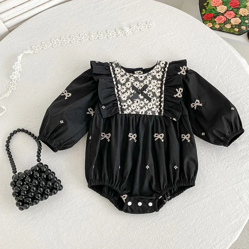 جديد ملابس الطفل القطنية الطفل المطرزة القوس رومبير الخريف الوليد الفتيات رومبير ملابس الطفل طويلة الأكمام بذلة تسلق الملابس