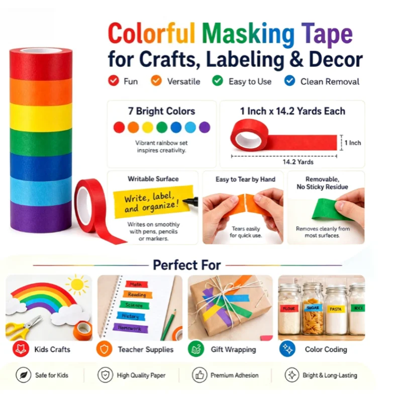 7 Rolls Colored Masking Tape, 25mm×13m Colorful Craft Tape for DIY Art Hand‑Making Decoration Projects