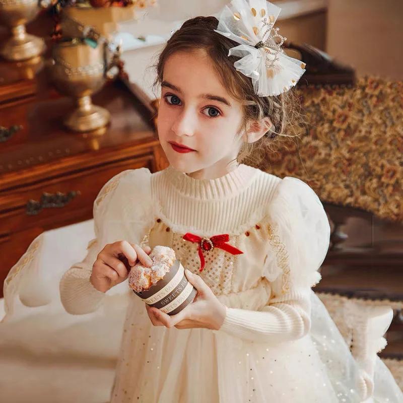 

Girl's Dress Little Girl's Dress Western Style Beautiful Puff Sleeve Princess Dress Children's Dress Autumn New