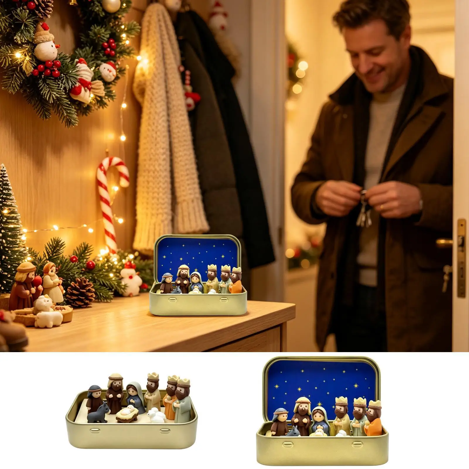 Miniature Nativity Scene Figurines 3D Printing Religious Statues Tin Box Nativity Figures For Bedside Table Desk Home Bookshelf