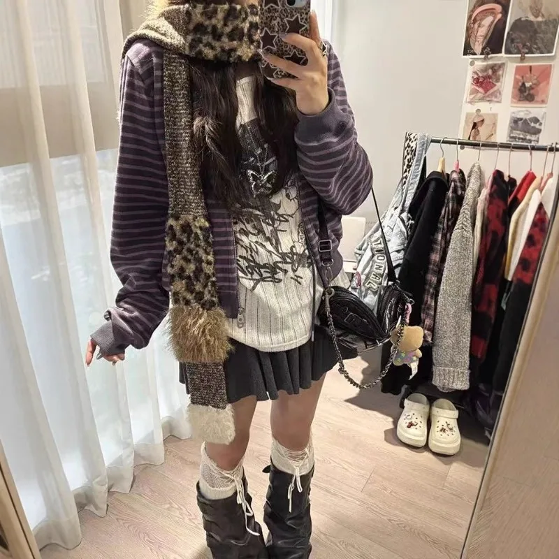 Purple Striped Sweatshirts for women Y2k Cardigan Japanese E-girls Double Zipper Hoodie Jacket Vintage High Street Graphic Coats