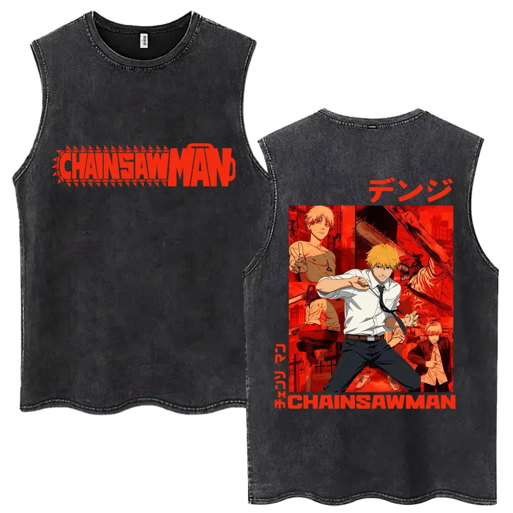 Washed Anime Chainsaw Man Denji Pochita Tank Tops Harajuku Vintage Manga Sleeveless Vests Men Women Loose Cotton Cosplay Tshirt