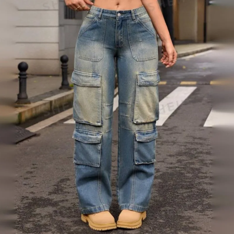 ANJY 秋の新女性 Y2K シックなカーゴジーンズストリートマルチポケットユーズド加工ストレートヴィンテージストリート潮インデニムパンツ A9122