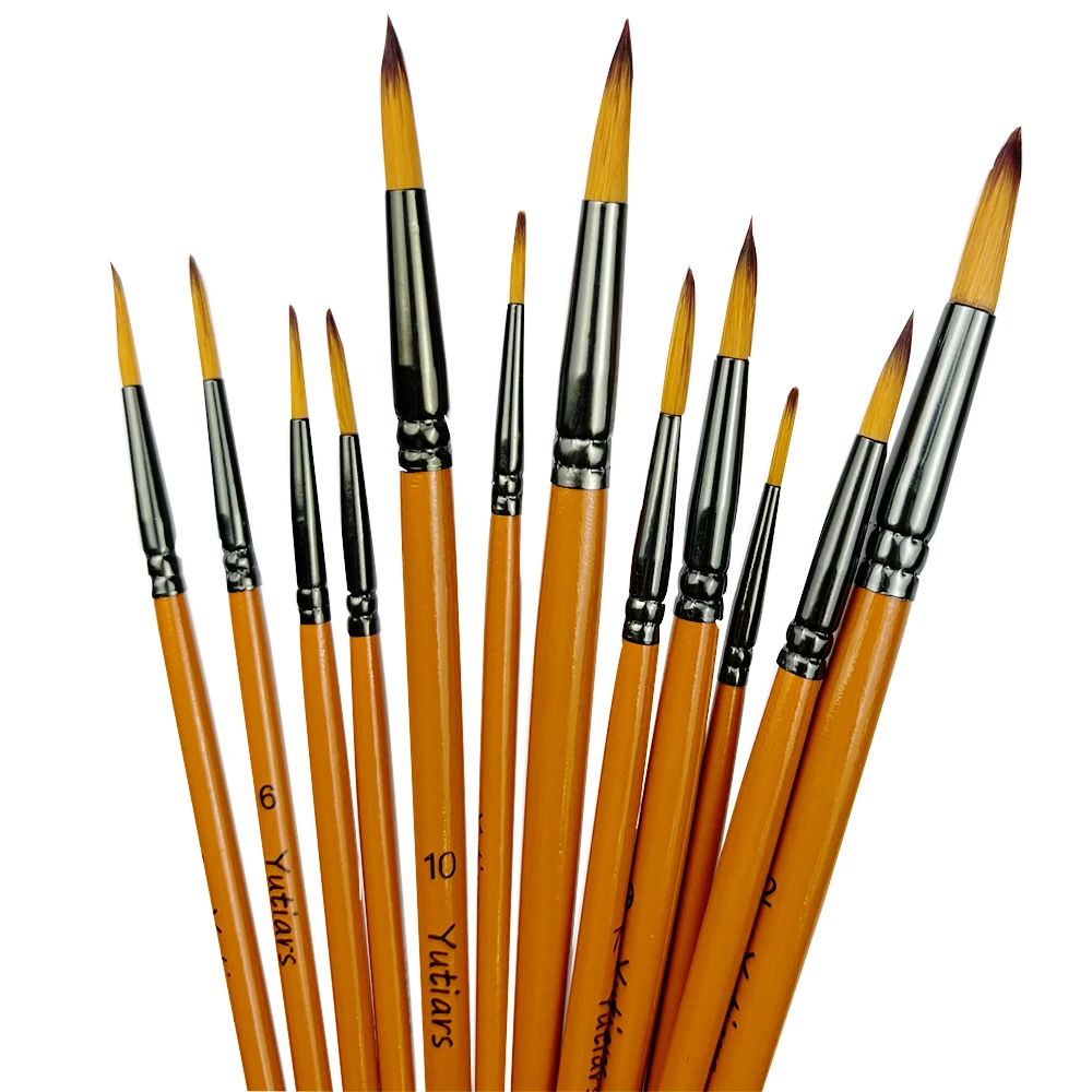 

12pcs Different Colors Round Pointed Tip Paint Brushes Set for Watercolor, Acrylics, Ink, Gouache, Oil, Tempera Brown