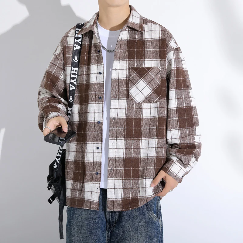 

Retro American Casual Plaid Shirt Men's Long Sleeve Spring Autumn New Loose Versatile Soft Shirt Jacket Polyester Cotton Blend