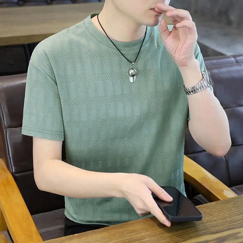 GELITAYIN Simple Printed Men Short-sleeved Ice Silk Thin Casual Trendy Street Top Round Neck Jacquard Quick-dry Breathable Beach