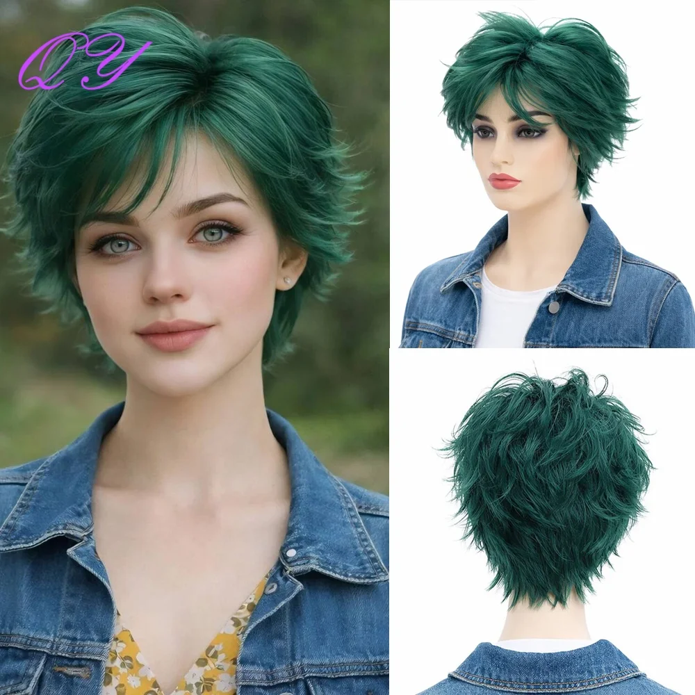 Short Green Wig With Bangs Synthetic  Halloween Cosplay Women's wig , Adjustable Head Circumference Size, Festival Party Wig