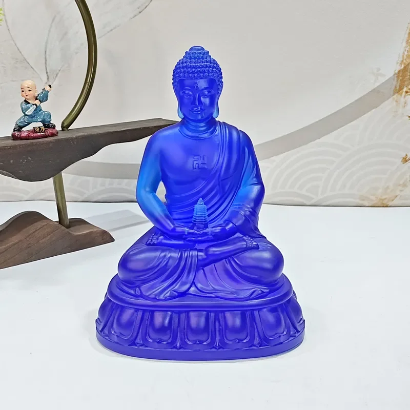 Blue Glass Buddha Statue Ancient Tower Pharmacist Figure Home Living Room Decor Buddhist Hall Ornament Spiritual Gift