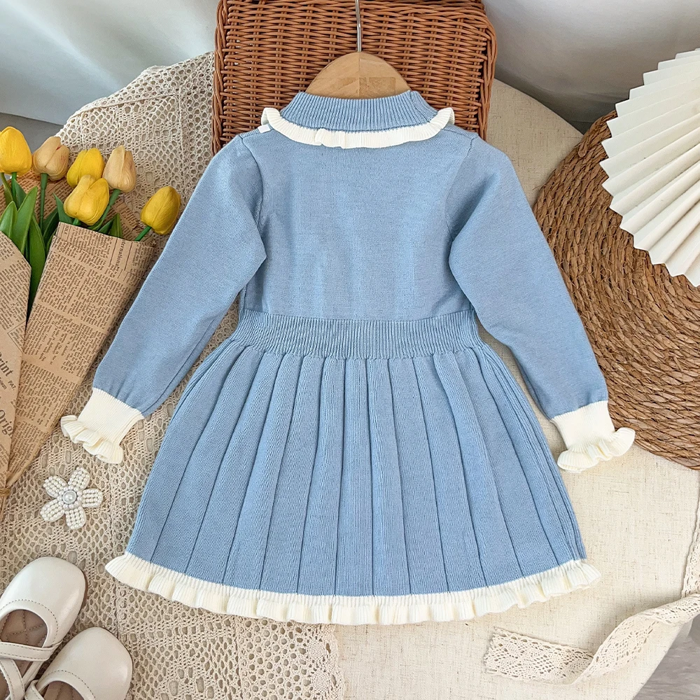 4-7 Years Old Knitted Sweater Kids Dresses for Girls Autumn and Winter Korean Version Flower Decoration Long Girls Dresses