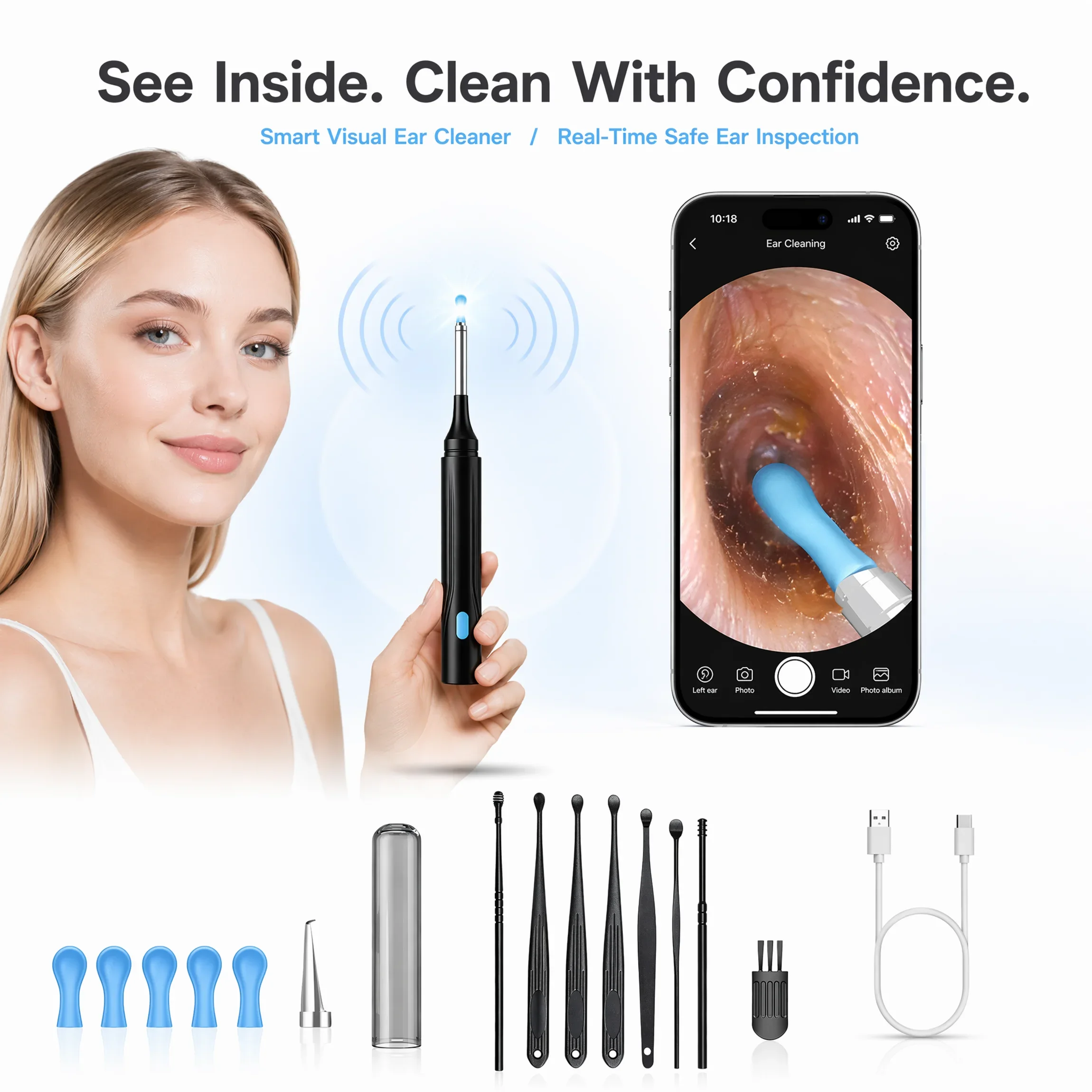 Smart Visual Ear Cleaner HD Camera Ear Wax Remover WiFi Otoscope 1000W Dual Mode Silicone Spoon Tweezers USB Rechargeable Safe
