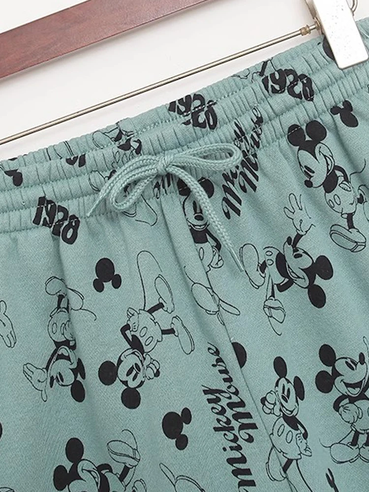 Disney Fashion Mickey Mouse Cartoon Print Women Tied Bow High Waist Sports Yoga Jogging Short Pants Safety Shorts Green Female