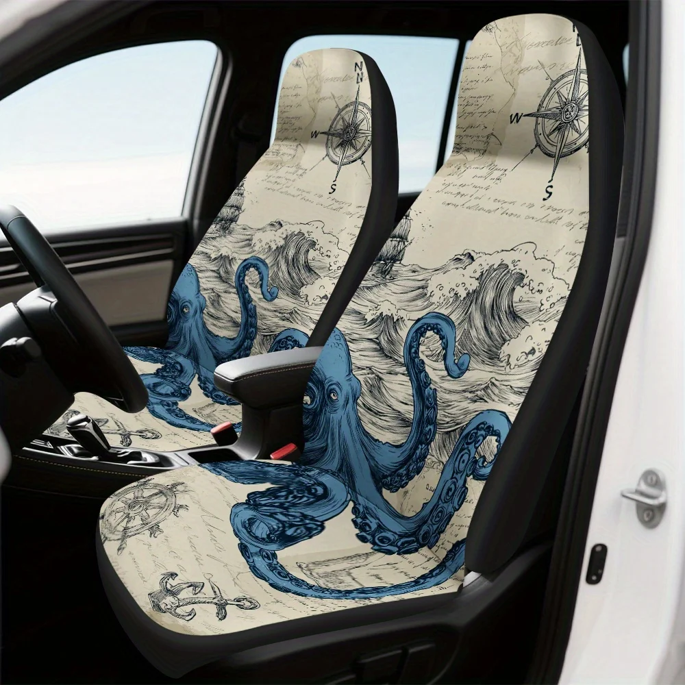 Set Of 2, Trendy Retro Nautical Octopus Compass Ship Adventure Style Car Seat Covers, Soft And Foldable, Designed To Fit Single