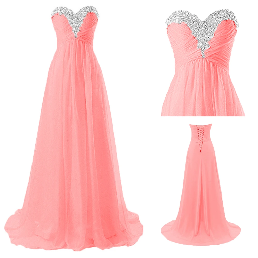 A Line Strapless Tulle Beading Crystals Evening Bridesmaid Dresses Wedding Party Formal Prom Birthday Floor Length Lace Up