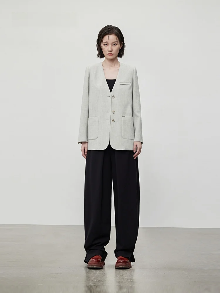 

XMOOM 2024 Осенняя новинка: Женский деловой повседневный пиджак с V-образным вырезом, однотонный, с длинным рукавом