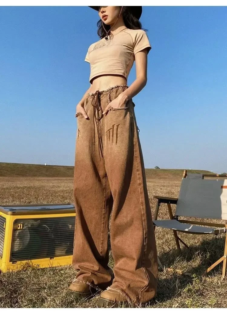 

Коричневые винтажные джинсы Y2K в стиле хип-хоп, повседневные удобные брюки с высокой талией для женщин в стиле 90-х