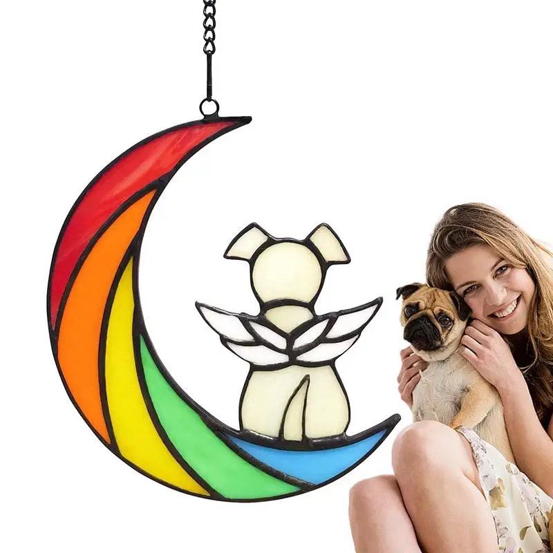 Hanging Decor Dog On Moon Stained Glass Creative Holiday Christmas Acrylic Multicolor Memorial Gifts