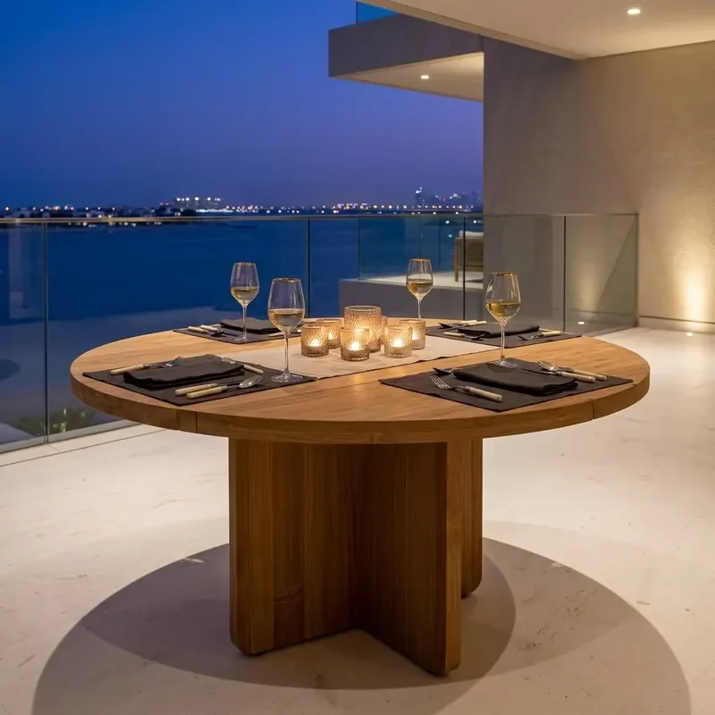 Modern Outdoor Round Teak Dining Table Rust-proof Commercial Grade for Hotel Terrace & Resort Projects