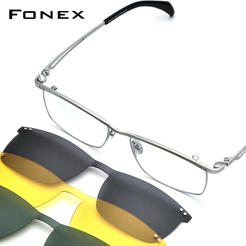FONEX Titanium Eyeglasses Frame Men Square Magnet Clip Glasses Night Vision & Polarized Lens Japanese Ultralight Eyewear 85759