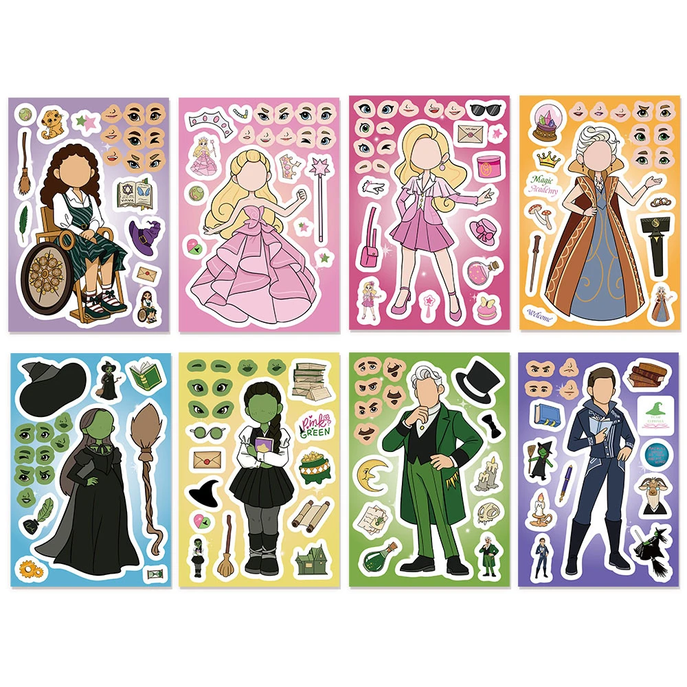 

8/16sheets Make a Face Wicked Puzzle Stickers Cute Cartoon Witch Assemble Jigsaw Educational Toys DIY Decals for Kids Party Game