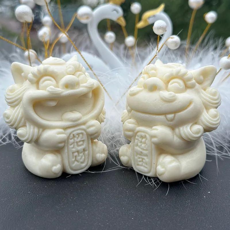 Cartoon Gathering Wealth Lion Animal Figurine Hand-carved Chinese mascot Home Room Car Office Feng Shui Gift Statue 2 PCS